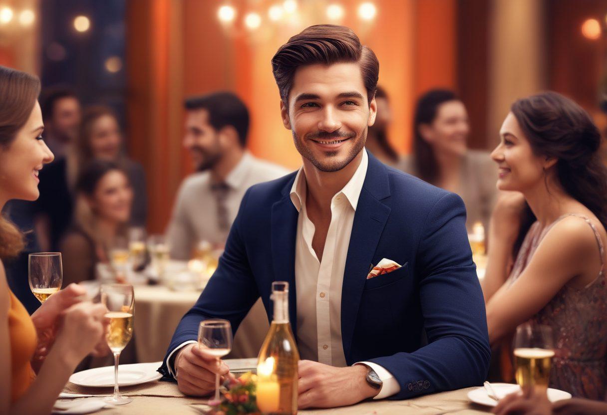A charismatic man engaging in confident flirtation at a lively social gathering, surrounded by intriguing conversations and playful gestures. Include elements like warm lighting, soft focus on background participants, and subtle nods to communication cues like body language and eye contact. Showcase a mix of modern and classic styles in attire, reflecting charm and sophistication. vibrant colors. 3D.