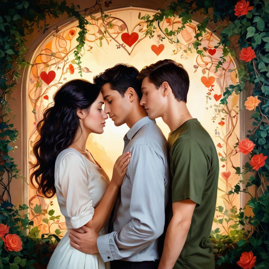 An intimate scene depicting a couple engaged in a deep conversation in a softly lit room, surrounded by symbols of love and connection, like intertwining vines and heart shapes. The atmosphere should convey warmth and trust, with gentle colors harmonizing the environment. Framed by delicate floral elements to emphasize intimacy and emotional depth. painting. warm tones. soft focus.